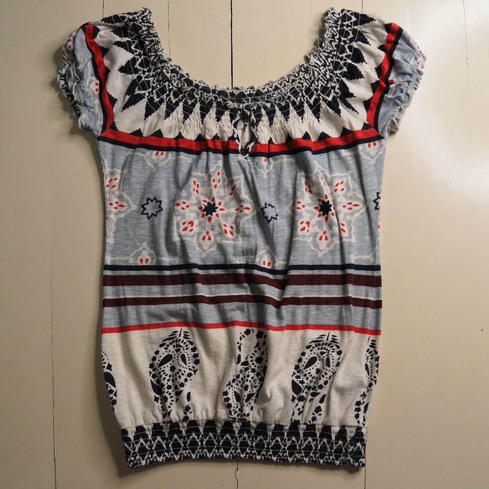 Lucky Brand Smocked Boho Keyhole Top